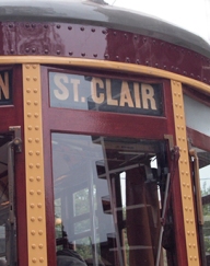 Old streetcar with St. Clair sign in window.