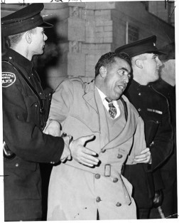 Pro-Salazar protester being arrested by Metropolitan Police Toronto outside the Portuguese Consulate on Bay St., January 29, 1961. Photo by Proulx, York University Libraries, Clara Thomas Archives & Special Collections, Toronto Telegram fonds, F0433, ASC27215.