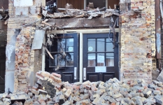 Hughes P.S. front doors during destruction.